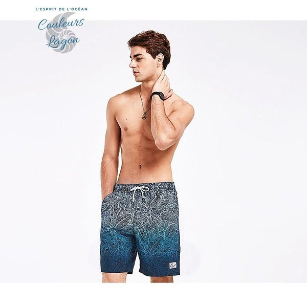 Boardshort surf natation homme bleu nuit géométrique — Couleurs Lagon Pacifique