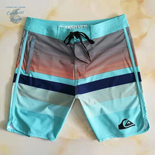 Boardshort Surf Quicksilver QuickDry Grande Taille à rayures turquoise et rouge - Couleurs Lagon
