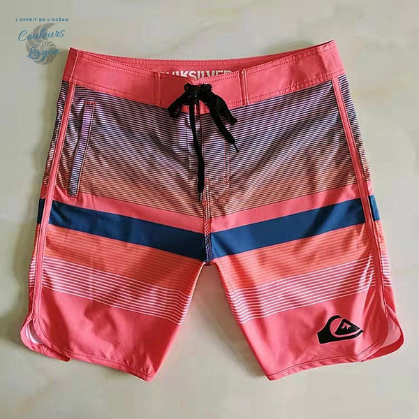 Boardshort Surf Quicksilver QuickDry Grande Taille à rayures turquoise et rouge - Couleurs Lagon