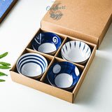 Bols en Porcelaine Céramique Japonaise Floral Bleu Outremer - Couleurs Lagon - 4pcs blanc