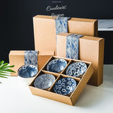 Bols en Porcelaine Céramique Japonaise Floral Bleu Outremer - Couleurs Lagon - 6pcs boites ouverte sur table