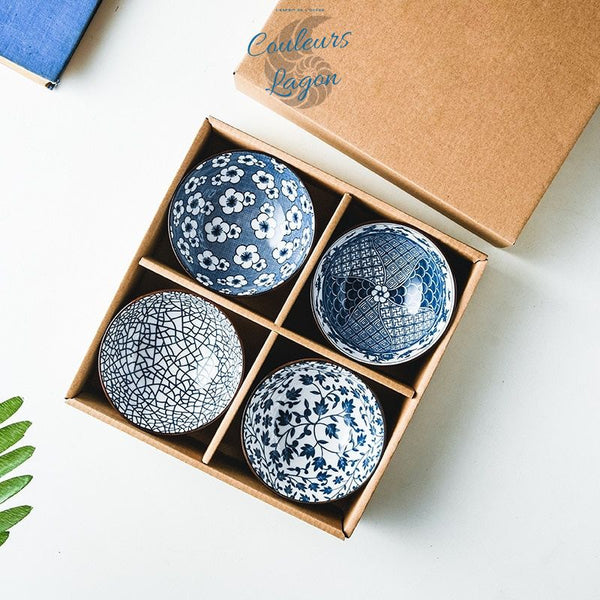 Bols en Porcelaine Céramique Japonaise Floral Bleu Outremer - Couleurs Lagon - 4pcs fine