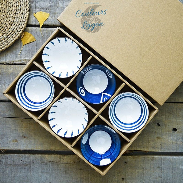 Bols en Porcelaine Céramique Japonaise Floral Bleu Outremer - Couleurs Lagon - 6pcs blanc box