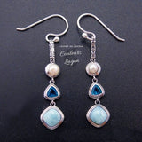 Boucle d'oreille Ag 925 en Larimar Topaze et Perle - Couleurs Lagon