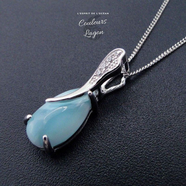 Boucle d'oreille Goutte d'eau Larimar naturelle et argent massif - Couleurs Lagon