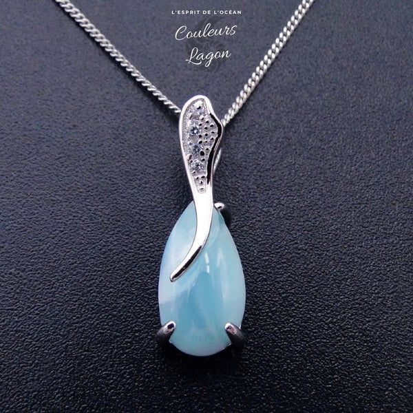 Boucle d'oreille Goutte d'eau Larimar naturelle et argent massif - Couleurs Lagon