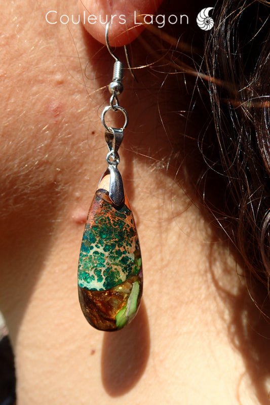 Boucle d'oreille Perroquet en argent et pierre de sédiment marin Océan - Couleurs Lagon