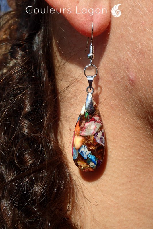Boucle d'oreille Perroquet en argent et pierre de sédiment marin Océan - Couleurs Lagon