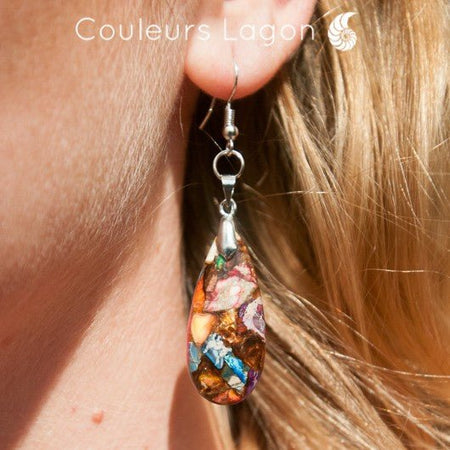 Boucle d'oreille Perroquet en argent et pierre de sédiment marin Océan - Couleurs Lagon