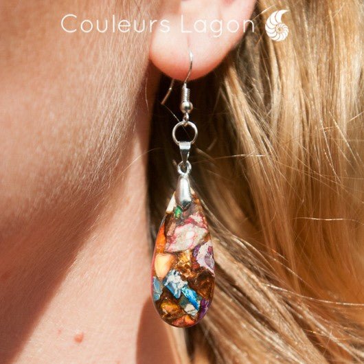 Boucle d'oreille Perroquet en argent et pierre de sédiment marin Océan - Couleurs Lagon