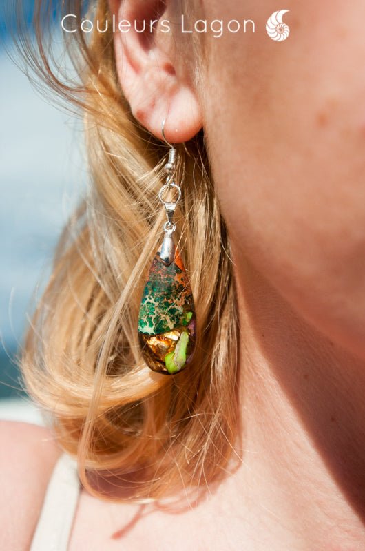 Boucle d'oreille Perroquet en argent et pierre de sédiment marin Océan - Couleurs Lagon