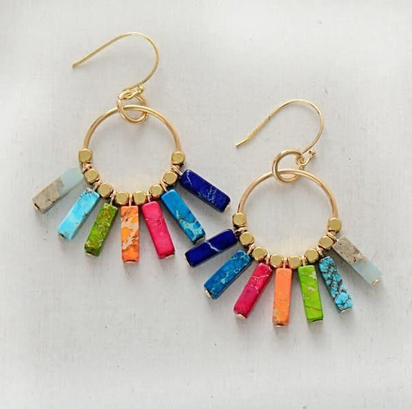 Boucles D'oreilles 7 Chakra Pierres Naturelles et Or - Couleurs Lagon