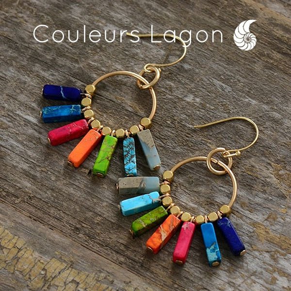 Boucles D'oreilles 7 Chakra Pierres Naturelles et Or - Couleurs Lagon