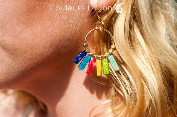 Boucles D'oreilles 7 Chakra Pierres Naturelles et Or - Couleurs Lagon