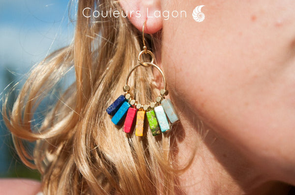 Boucles D'oreilles 7 Chakra Pierres Naturelles et Or - Couleurs Lagon