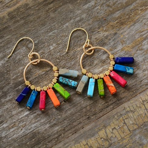 Boucles D'oreilles 7 Chakra Pierres Naturelles et Or - Couleurs Lagon