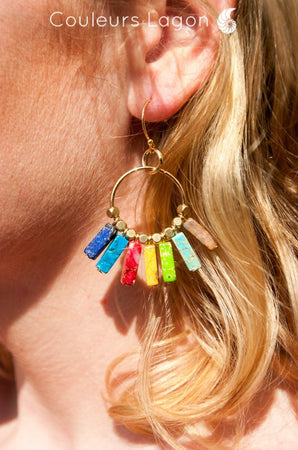 Boucles D'oreilles 7 Chakra Pierres Naturelles et Or - Couleurs Lagon