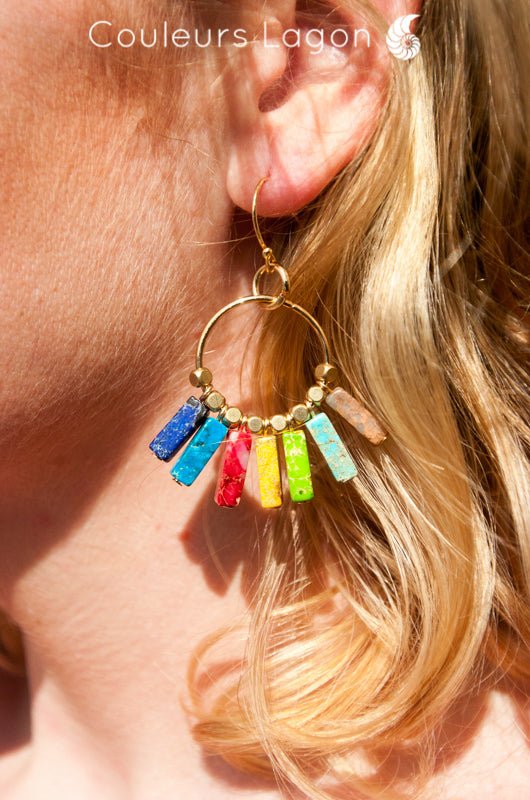 Boucles D'oreilles 7 Chakra Pierres Naturelles et Or - Couleurs Lagon