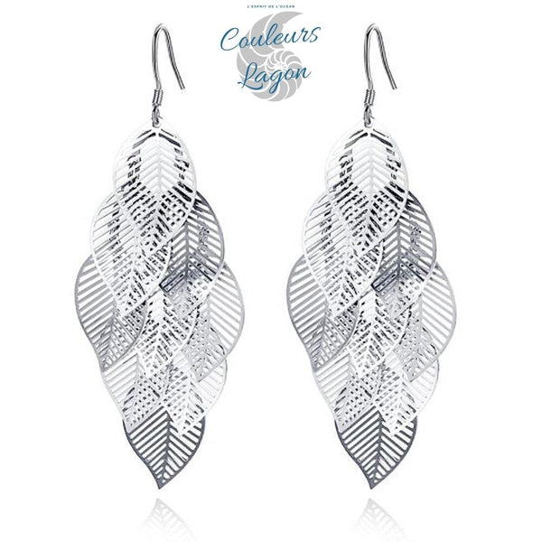 Détail boucles d'oreilles argent 925 motif feuille d'érable - Couleurs Lagon