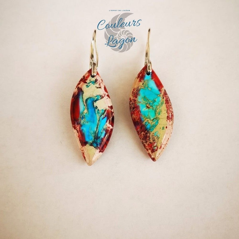 Boucles d'oreilles feuilles de pierre Jaspe multicolore - Couleurs Lagon