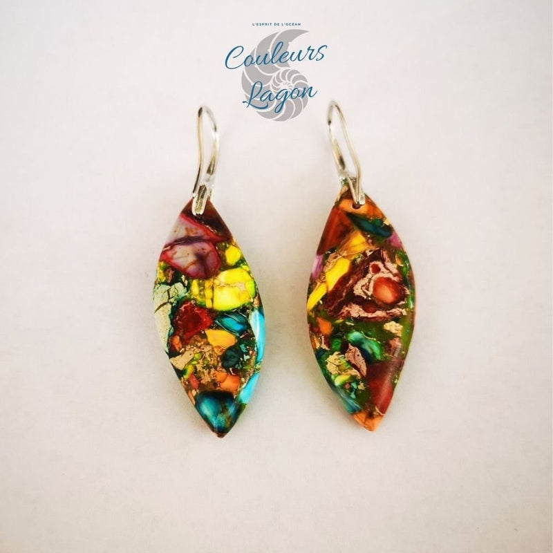 Boucles d'oreilles feuilles de pierre Jaspe multicolore - Couleurs Lagon