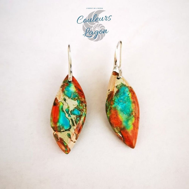 Boucles d'oreilles feuilles de pierre Jaspe multicolore - Couleurs Lagon