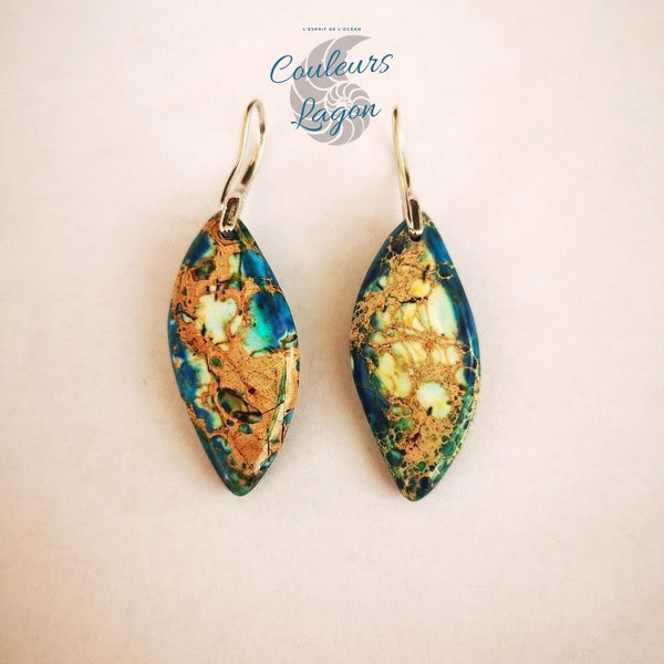 Boucles d'oreilles feuilles de pierre Jaspe multicolore - Couleurs Lagon
