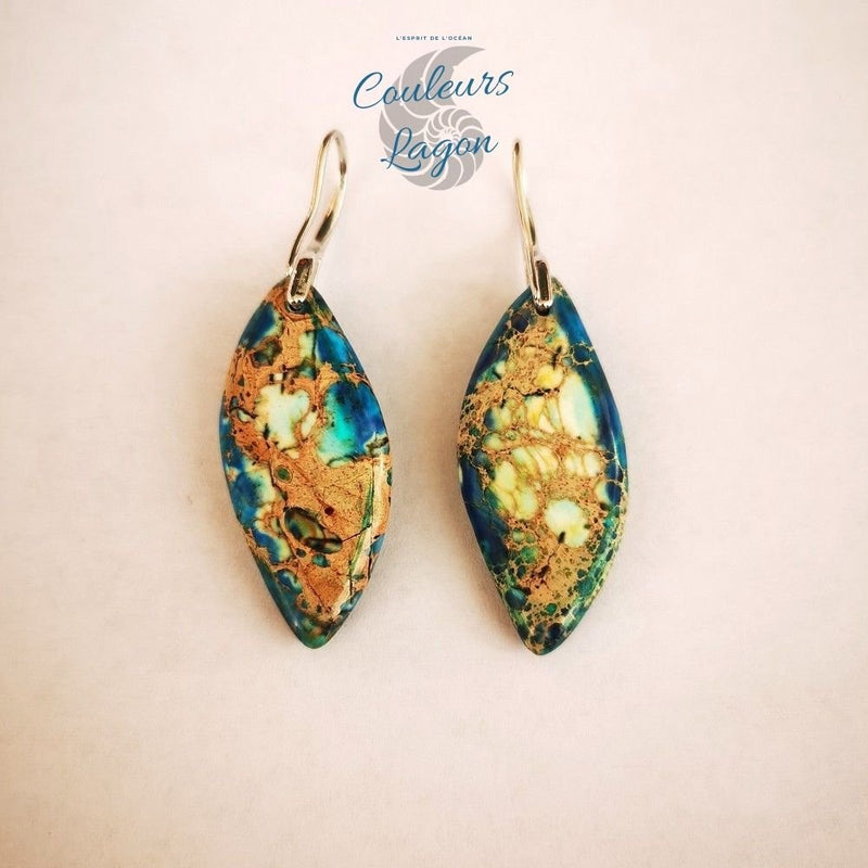 Boucles d'oreilles feuilles de pierre Jaspe multicolore - Couleurs Lagon