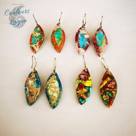 Boucles d'oreilles feuilles de pierre Jaspe multicolore - Couleurs Lagon