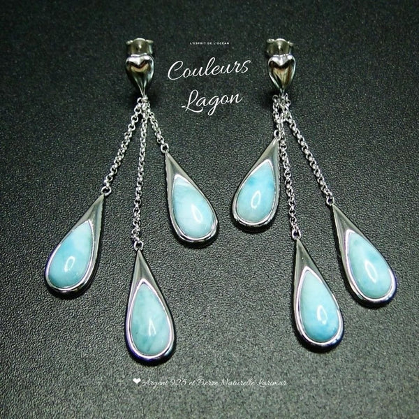 Boucles d'Oreilles Goutte d'Eau Argent 925 et Larimar - Couleurs Lagon