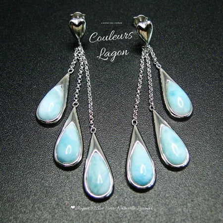 Boucles d'Oreilles Goutte d'Eau Argent 925 et Larimar - Couleurs Lagon
