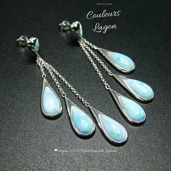 Boucles d'Oreilles Goutte d'Eau Argent 925 et Larimar - Couleurs Lagon