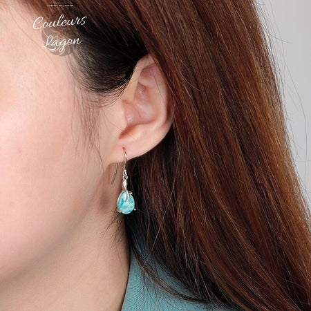Boucles d'Oreilles Goutte d'Eau Argent Or Larimar - Couleurs Lagon
