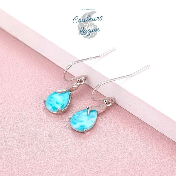 Boucles d'Oreilles Goutte d'Eau Argent Or Larimar - Couleurs Lagon