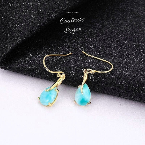 Boucles d'Oreilles Goutte d'Eau Argent Or Larimar - Couleurs Lagon