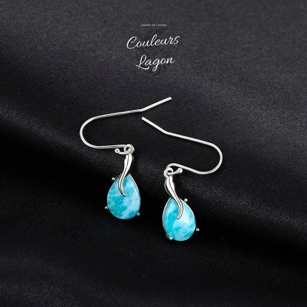 Boucles d'Oreilles Goutte d'Eau Argent Or Larimar - Couleurs Lagon