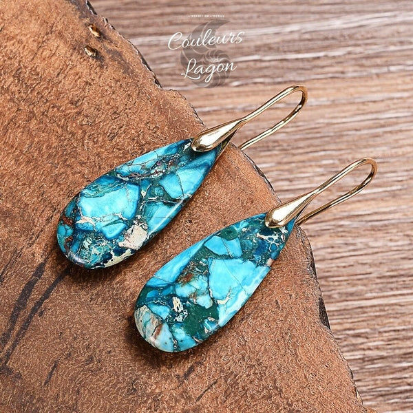 Boucles d'oreilles goutte d'eau en pierre naturelle Régalite Bleu - Couleurs Lagon
