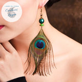 Boucles d'oreilles plumes de paon avec pierre turquoise naturelle — Couleurs Lagon
