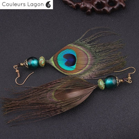 Boucles d'Oreilles Plumes de Paon et Pierres Naturelles Océan - Couleurs Lagon