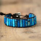 Bracelet Bleu Outremer Gouadeloupe Cuir et Pierres Naturelles Océan - Couleurs Lagon