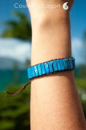 Bracelet Bleu Outremer Gouadeloupe Cuir et Pierres Naturelles Océan - Couleurs Lagon