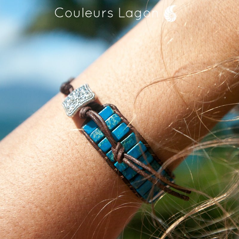 Bracelet Bleu Outremer Gouadeloupe Cuir et Pierres Naturelles Océan - Couleurs Lagon