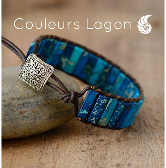 Bracelet Bleu Outremer Gouadeloupe Cuir et Pierres Naturelles Océan - Couleurs Lagon