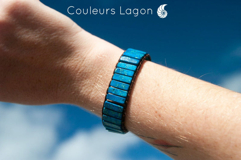 Bracelet Bleu Outremer Gouadeloupe Cuir et Pierres Naturelles