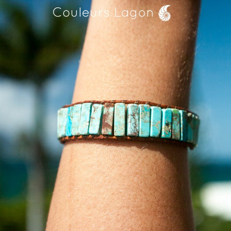 Bracelet Bleu Turquoise Cuir & Pierres Naturelles Océan - Couleurs Lagon
