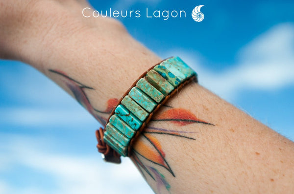 Bracelet Bleu Turquoise Cuir & Pierres Naturelles Océan - Couleurs Lagon