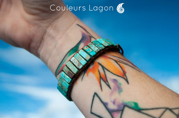 interieur - Bracelet Bleu Turquoise Cuir & Pierres Naturelles Océan - Couleurs Lagon