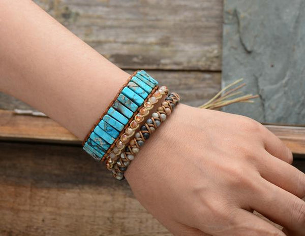 avec d'autre bracelets - Bracelet Bleu Turquoise Cuir & Pierres Naturelles Océan - Couleurs Lagon