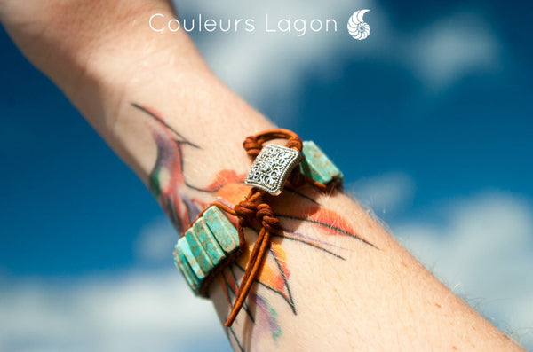 boucle au soleil - Bracelet Bleu Turquoise Cuir & Pierres Naturelles Océan - Couleurs Lagon