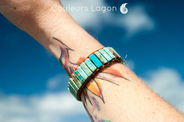 au soleil - Bracelet Bleu Turquoise Cuir & Pierres Naturelles Océan - Couleurs Lagon